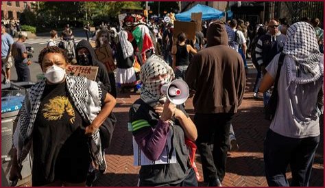 Four masked individuals remove Israeli flags at a Philadelphia cafe. - SarkariResult